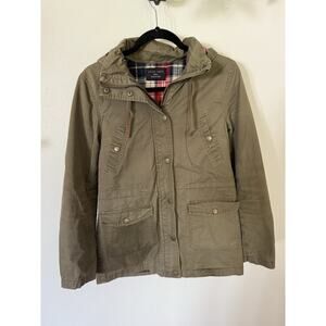 LOVE TREE -Jacket Size Small‎ Full Zip Plaid Lined Hood Woven 100% Cotton Green